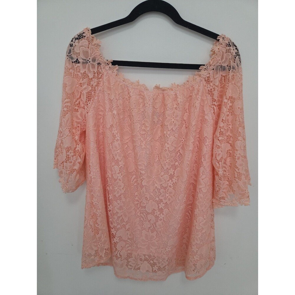 Miholl Womens Size XXL Coral Lace Top 3/4 Sleeve Off Shoulder Lined Blouse